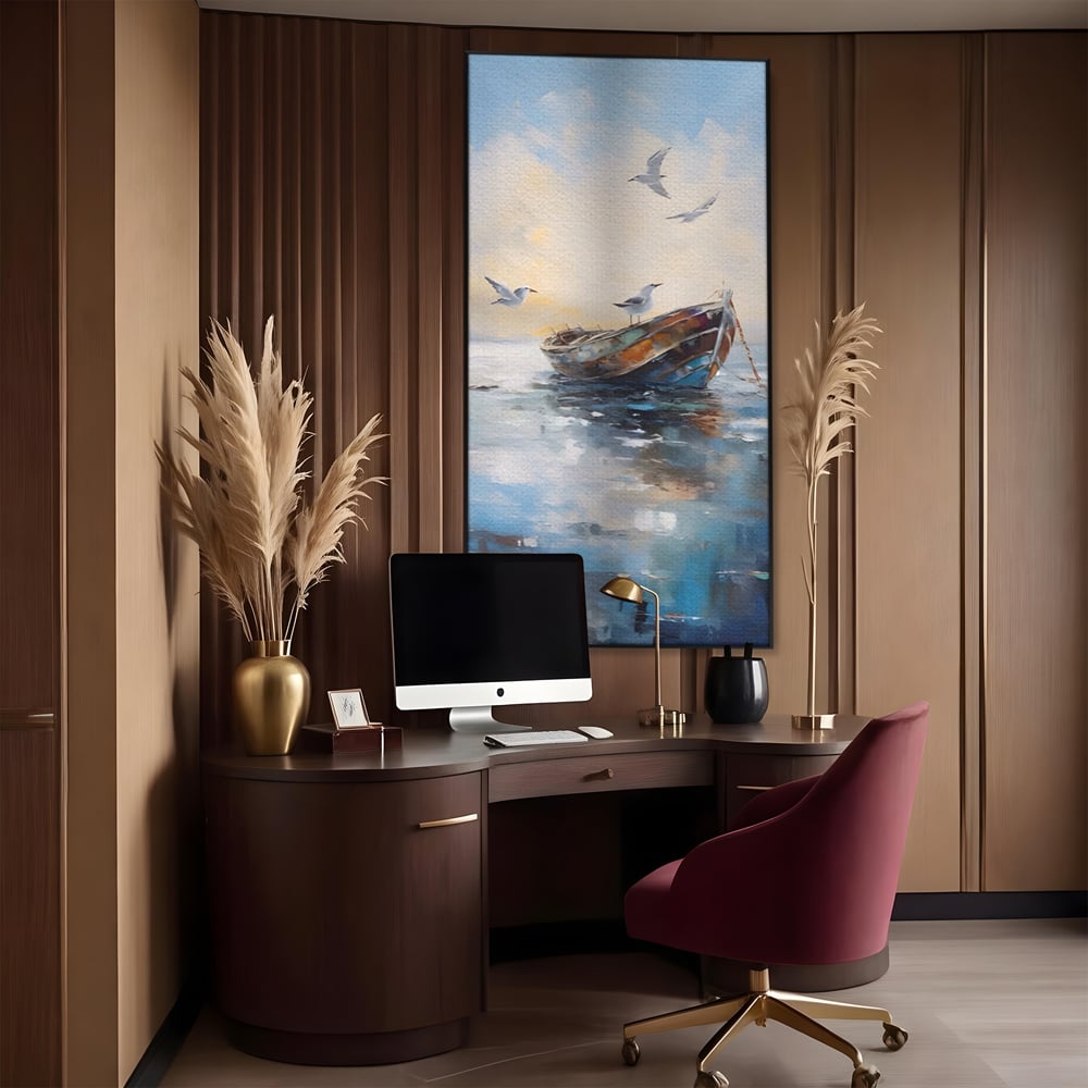 Tablou canvas cu tablou canvas cu barca si pescarusi, in rama de aluminiu negru, pe perete intr-un birou